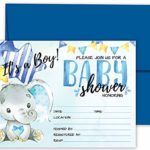 Deluxe Blue Elephant Baby Shower Invitations, Jungle Tropical Safari Animals Invites 20 Large Double Sided 5 x 7 Cards with Blue Envelopes (Its A Boy, Invitations)