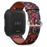 Replacement Leather Strap Printing Wristbands Compatible with Fitbit Versa – Hand Drawn Tribal Pattern with Fitbit Decorative Elephant Fish Moon and Geometric Elements