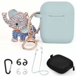 TOROTOP Compatible for Airpods Case Set, 7 in 1 Silicone Protective Airpod Case Cover Accessories with Bling Elephant Keychain/Strap/Ear Hook/Storage Box Compatible for Apple Airpods Women Light Blue