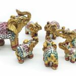 Mose Cafolo Feng Shui Set of 7 pcs ~ Vintage Golden Indian Elephant Family Statues Wealth Lucky Figurines Home Decor Housewarming Congratulatory Gift