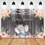 Mehofoto Elephant Baby Shower Background Pink Baby Girl Elephant Backdrop 7X5ft Vinyl String Lights Wooden Floral for Girl Birthday Party Banner Backdrops