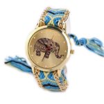 Creazy Women Elephant Pattern Weaved Rope Band Bracelet Quartz Dial Wrist Watch (Yellow+Blue)