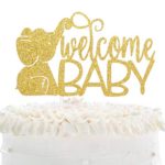 Welcome Baby Birthday Cake Topper – Loveable Gold Glitter Girls Birthday Party Décor – Hello Baby Gender Reveal – Baby Shower Elephant Cake Decorations
