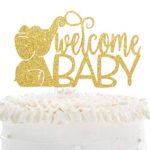 Welcome Baby Birthday Cake Topper – Loveable Gold Glitter Girls Birthday Party Décor – Hello Baby Gender Reveal – Baby Shower Elephant Cake Decorations