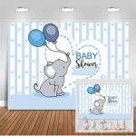 Mocsicka Elephant Baby Shower Backdrop 7x5ft It’s a Boy Baby Shower Blue and White Stripe Photo Backdrops Cute Balloon Elephant Cake Table Banner Photography Background