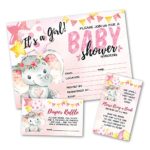 Deluxe Pink Elephant Baby Shower Invitations, Jungle, Tropical Safari Animals, Its A Girl Party Invites, Includes- 20 Each Large Double Sided 5 x 7 Invites, Raffle Tickets, and Book Request Inserts