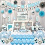 143 Pieces Blue Elephant Baby Shower Decorations for Boy Party Supplies Kit with Guest Book It’s a boy Banner Garland Paper Fans Lanterns Cake Toppers Sash Gift Tags and Balloons by Ajworld