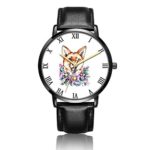 Customized Watercolor Dog Wrist Watch, Black Leather Watch Band Black Dial Plate Fashionable Wrist Watch for Women or Men