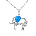 CloseoutWarehouse Pear Shape Blue Simulated Opal Cubic Zirconia Elephant Necklace Rhodium Plated Sterling Silver