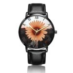 Customized Lonely Sunflower Wrist Watch, Black Leather Watch Band Black Dial Plate Fashionable Wrist Watch for Women or Men