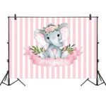 Allenjoy 8x6ft It’s a Girl Elephant Backdrop for Baby Shower Princess Newborn Birthday Decoration Pink White Stripes Watercolor Flower Photography Background Photo Booth Studio Props Favors Supplies