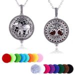 Essential Oil Diffuser Necklace Aromatherapy Oils Jewerly Set for Women Tree Of Life Elephant 2 Pack Locket Pendant Necklaces 316L Stainless Steel Perfume (Style1+Style2)