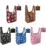 Reusable Shopping Tote Bags 5 Pack Large 50LBS Foldable Grocery Bags With Pouch Ripstop Washable Lightweight Cute Animal Designs Red Dog Pink Flamingo Blue Elephant Brown Cat Black Giraffe