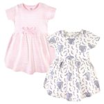 Touched by Nature Baby Girls Organic Cotton Dresses, Pink Elephant Short Sleeve Pack, 12-18 Months (18M)