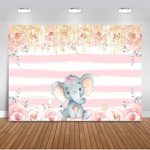 Mocsicka It’s a Girl Elephant Backdrop 7x5ft Pink and White Stripe Elephant Birthday Floral Photo Backdrops Elephant Baby Shower Cake Table Decoration Banner Photography Background