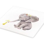 Lunarable Elephant Cutting Board, Baby Elephant Giving Flowers to a Little Duck Watercolor Animal Illustration, Decorative Tempered Glass Cutting and Serving Board, Small Size, Purpleblue Yellow