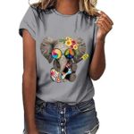 HAALIFE?? Women Funny Cartoon Elephant Print Short Sleeve Pullover T-Shirt Round Neck Tee Tops Blouse Gray