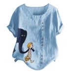 Tomppy Women Plus Size T-Shirt Ladies Summer Casual Short Sleeve O-Neck Tees Elephant Graphic Tops Light Blue