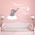 Dream Big Little One Elephant Wall Decal, Quote Wall Stickers, Baby Room Wall Decor, Vinyl Wall Decals for Children Baby Kids Boy Girl Bedroom Nursery Decor(Y42) (Soft Pink, White(Girl))