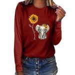 TUU Women Plus Size Tops Sunflower & Elephant Print Long Sleeved T-Shirt Blouse Wine