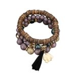 NIHAI 3 Pc Fringed Wood Beads Bracelet for Women Men, Wild Temperament Bracelet Multilayer Bangle Elephant Pendant Wristband Jewelry