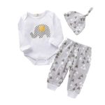 Newborn Clothes Unisex Sets,Tronrt Infant Baby Boys&Girls Cartoon Elephant Print Romper Bodysuit+Pants+Hat Outfits Gray