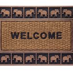 HF by LT Boho Market Rubber and Coir Flatweave Doormat, 18 x 30 inches, Durable, Sustainable, Antique Bronze Elephant Border Design, Brown, Black