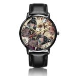 Customized Butterfly Drawing Wrist Watch, Black Leather Watch Band Black Dial Plate Fashionable Wrist Watch for Women or Men