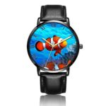 Customized Beautiful Clownfish Wrist Watch, Black Leather Watch Band Black Dial Plate Fashionable Wrist Watch for Women or Men