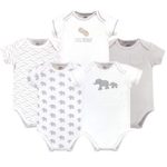 Touched by Nature Unisex Baby Organic Cotton Bodysuits, Marching Elephant Short Sleeve 5 Pack, 0-3 Months (3M)