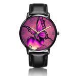 Customized Butterfly Heart Wrist Watch, Black Leather Watch Band Black Dial Plate Fashionable Wrist Watch for Women or Men