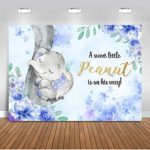 Mocsicka Blue Elephant Baby Shower Backdrop Little Peanut Baby Boy Photography Background 7x5ft Vinyl Boy Elephant Baby Shower Banner Backdrops