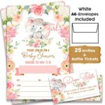 Elephant Boho Floral – Baby Shower Pink Elephant Invitations Girl with Envelopes and Diaper Raffle Tickets. Set of 25 Fill in The Blank Style Invites with Envelopes – Baby Shower Invitations Girl