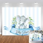 Blue Stripe Baby Shower for Boy Elephant Theme Photography Backdrop Decoration Vinyl Photo Background Infant Baby Boy Birthday Party Supplies Photo Booth Studio Props Banner Cake Table 5x3ft