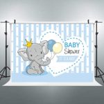 Riyidecor Baby Boy Shower Backdrop Cute Blue Stripe Prince Balloon Elephant Cartoon Photography Background White Heart 7×5 Feet Decoration Props Photo Party Shoot Vinyl Cloth