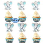 Double Sided Blue Baby Elephant Cupcake Toppers Birthday Party or Baby Shower Food Picks Decor and Party Supplies,Set of 24