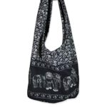 Thai Hippie Bag Elephant Sling Crossbody Bag Purse Thai Top Zip Handmade Black