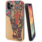 iProductsUS Wood Phone Case Compatible with iPhone 11 Pro Max (2019), UV Printed Unique Elephant, Built-in Metal Plate, TPU Protective Shockproof Cover (6.5 inch)