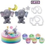Vodolo (Set of 4) Elephant Cake Toppers – Star & Moon Resin Elephant with Little Elephant Cookie Cutter Fondant Mold for Girls Boys Kids Birthday Party Baby Shower Cupcake Decorations
