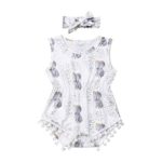Infant Baby Girls Floral Pompom Tassels Romper Bodysuit Sleeveless Jumpsuit Outfit with Headband Summer Clothes (Elephant-Stars, 6-12 Months)