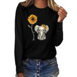 TUU Women Plus Size Tops Sunflower & Elephant Print Long Sleeved T-Shirt Blouse Black