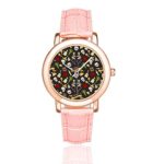 InterestPrint Women’s Pink Leather Strap Watches Floral Skull Cactus Waterproof Wrist Watch