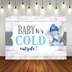 Blue Elephant Baby Shower Backdrops for Photography Boy Baby It’s Cold Outside Theme Party Background Winter Grey Wooden Floor Snowflake Birthday Newborn Baby Party Banner Supplies Photo Booth Props 7
