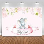 Pink Elephant Backdrop for Girl Baby Shower Decoration Photography Photo Booth Studio Props Floral Baby Elephant Photo Background Decorations Cake Table Supplies Vinyl 5x3ft Birthday Banner
