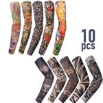 Satisfounder 10 Pcs Set Arts Temporary Tattoo Arm Sunscreen Sleeves, Fake Piercings Tattoos Cover Up Sleeves,Designs Tiger, Crown Heart, Skull, Tribal and Etc Unisex Stretchable Cosplay Accessories