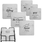 Funny Coasters for Drinks Absorbent with Holder | 6 Pcs Novelty Gift Set | 6 Sayings | Unique Present for Friends, Men, Women, Housewarming, Birthday, Living Room Decor, White Elephant, Holiday Party