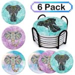 Indian Elephant Mandala Floral Coasters Bohemian Style Absorbent Coasters for Drinks Mugs and Cups, with Holder Unique Gifts for Birthday Housewarming Gifts Apartment Kitchen Bar Décor, 6pcs Set
