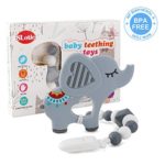 Slotic Baby Teething Toys, Elephant Teether Pain Relief Toy with Pacifier Clip Holder Set for Newborn Babies, Freezer Safe Neutral Shower Gift, Soft & Textured Stocking Stuffers (Grey)