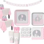 Party City Pink Baby Elephant Tableware Kit for 32 Guests, Includes 2 Table Covers, Table Centerpiece and Banner