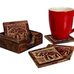 Handmade Set of 6 Wooden Coasters for Drink Tea Coffee Table White Distressed Coaster with Holder Stand Dining Home Decor (Elephant)